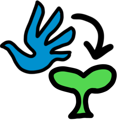 the human rights emblem (a blue handprint shaped like a dove) with a green sprout below it, and an arrow pointing from the human rights emblem to the sprout.